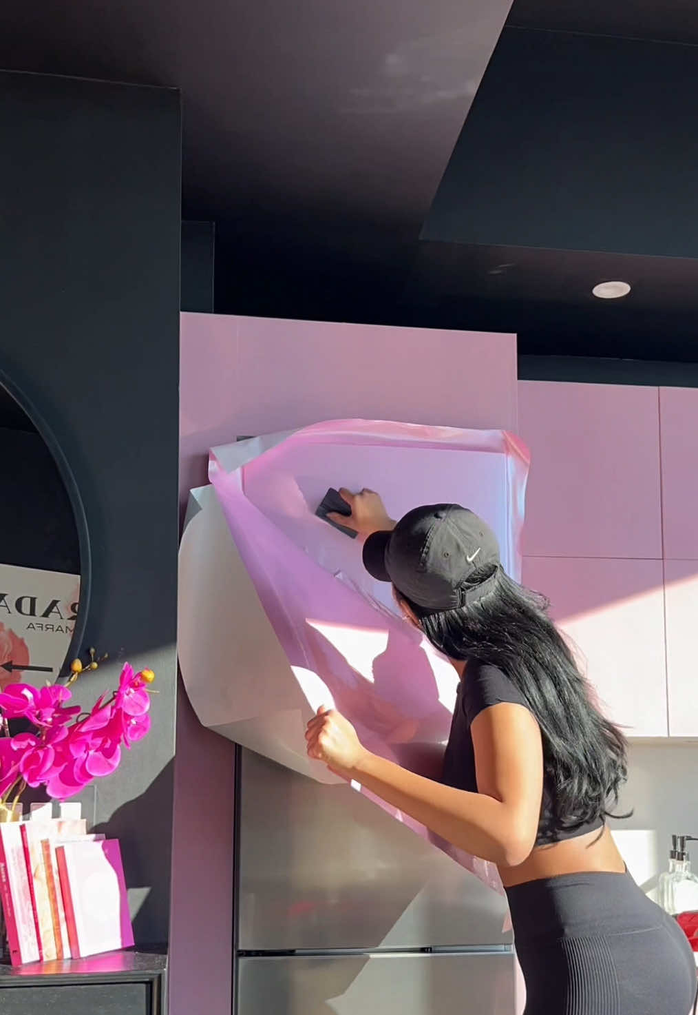 Tired of boring appliances? SAME. So I wrapped my fridge in pink vinyl and now it looks so cool! Best part? No damage, easily removable and its inexpensive 💗 #homedesign #homedecor #kitchendesign #pinkaesthetic #fyp 