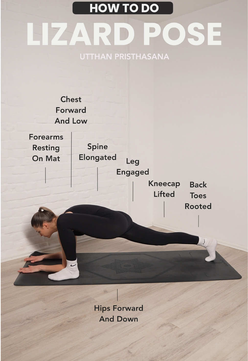 How to do: LIZARD POSE (UTTHAN PRISTHASANA) 1. Forearms resting on mat 2. Chest forward and low 3. Spine elongated 4. Hips forward and down 5. Leg engaged 6. Kneecap lifted 7. Back toes rooted #yoga #lizardpose #yogapose #yogaposes #yogalove #pilates #yogaflow #yogalovers #yogalife 