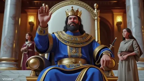 Salomão - A Visita da Rainha de Sabá O rei Salomão está sentado em um trono de marfim com detalhes em ouro, vestindo uma túnica real azul e dourada, com uma coroa ornamentada. Ele levanta a mão, ordenando silêncio no grande salão do palácio. Duas mulheres vestindo mantos simples estão diante dele, disputando a maternidade de um bebê. Um guarda, vestindo uma armadura da época, segura uma espada. A sala tem colunas de mármore e tochas iluminando o ambiente.