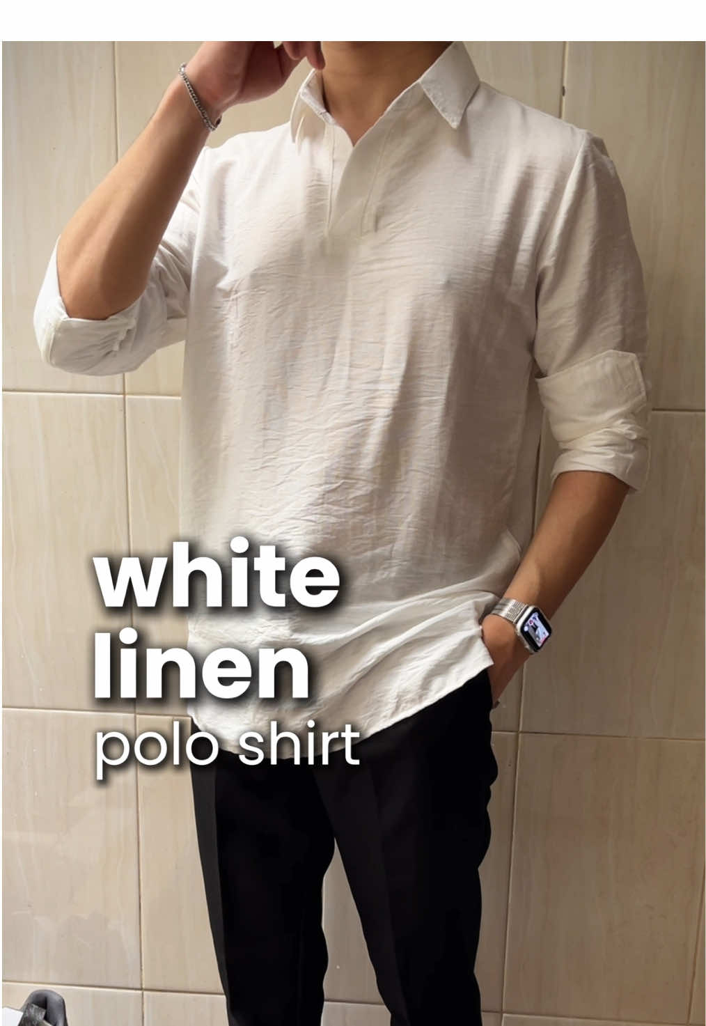 Replying to @Black Button polo shirt linen broken white✨ #linenshirt #oldmoneyoutfits #oldmoneyaesthetic #poloshirt #kaoskerah #kaoslenganpanjang 
