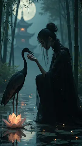 Moonlit Magic with a Crane 🌙🕊️ A woman kneels by a glowing lotus in a misty bamboo forest, practicing her magic with a graceful crane under the moonlight. A traditional pagoda glows softly in the background, adding an air of mystery to this live wallpaper. #NatureMagic #MoonlitMagic #BambooForest #WildlifeMagic #cranetok