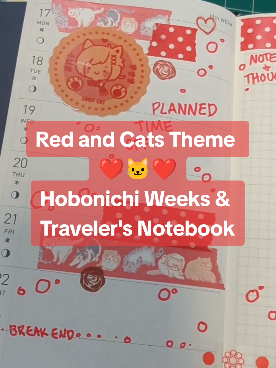 Happy to be back! ❣️ I took some time off this week, so my work planners didn't get their typical use. That didn't stop me from wanting to make spreads for them. 🐱❤️ Since I had extra space, I had a lot of fun with washi tape and big stickers! My favorite red cat boy from FFXIV is very featured this week. :3c #journaling #stationery #hobonichiweeks #travelersnotebook #journalspread 