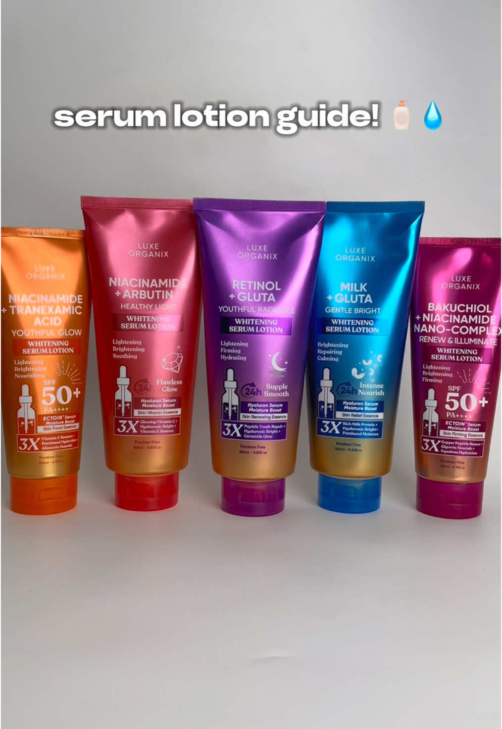looking for your next favorite lotion? ✨ choose from our 5 serum lotions to help you find the perfect one for you! 😍  shop yours now!  #fyp #SerumLotionsPH #SerumLotions #Lotions #skincareph #beautyph #LuxeOrganixPH 