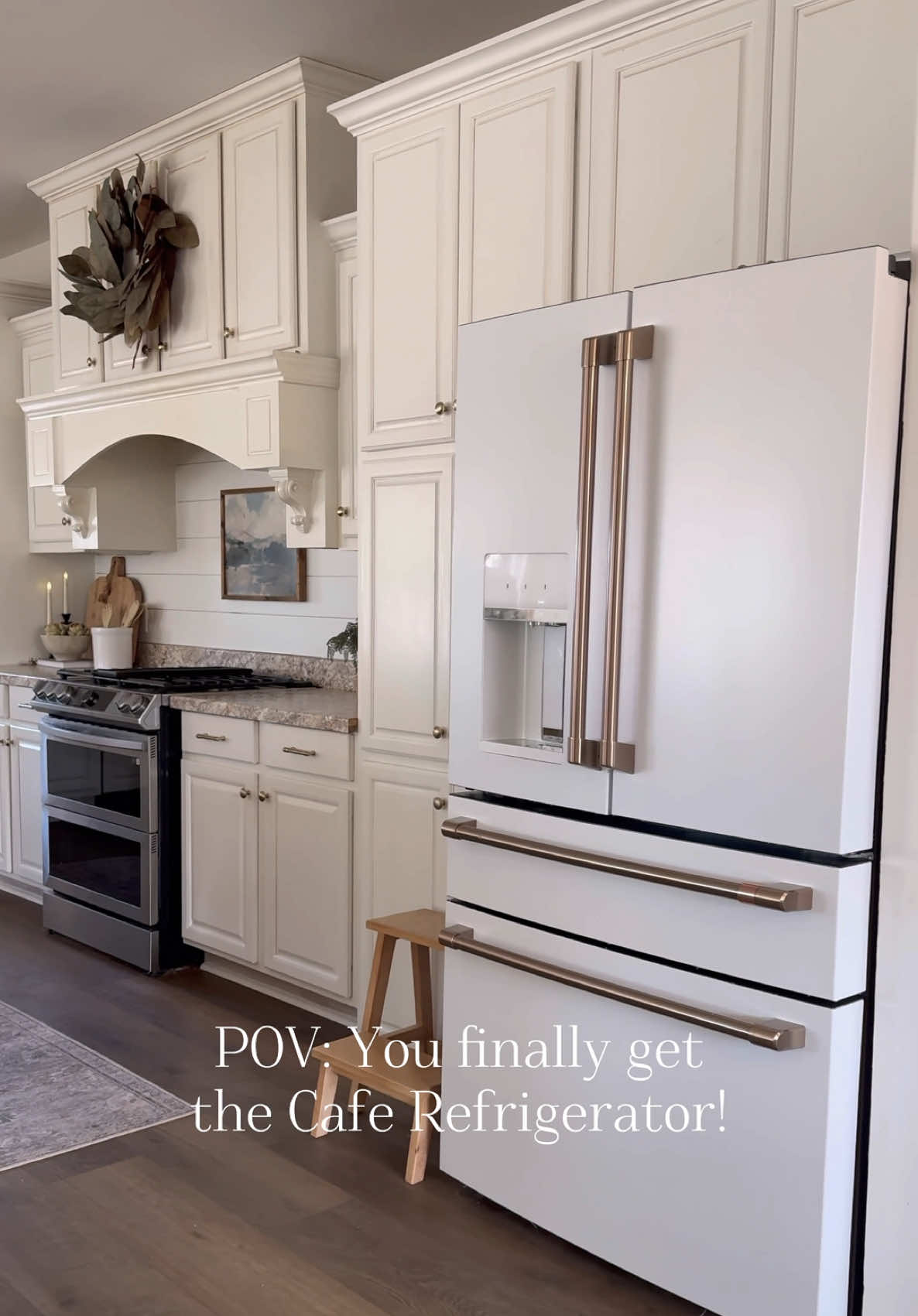 POV: You finally get the Cafe Refrigerator! I’m so in love with this refrigerator! And it’s actually on Amazon!! @Cafe Appliances The gold handles and pulls are so pretty and elegant feeling! The inside is pretty too. This fridge comes in multiple colors, you can also get the handles and pulls in a few different colors!! Oh another cool thing, the middle drawer can be refrigerator, a chiller, or a freezer! Who else’s loves white appliances?! #cafefridge #cafeappliances #kitchenupgrade #kitcheninspo #kitchen #kitchendecor #kitchendesign #cozyhome #gecafeseries #cozyvibes 