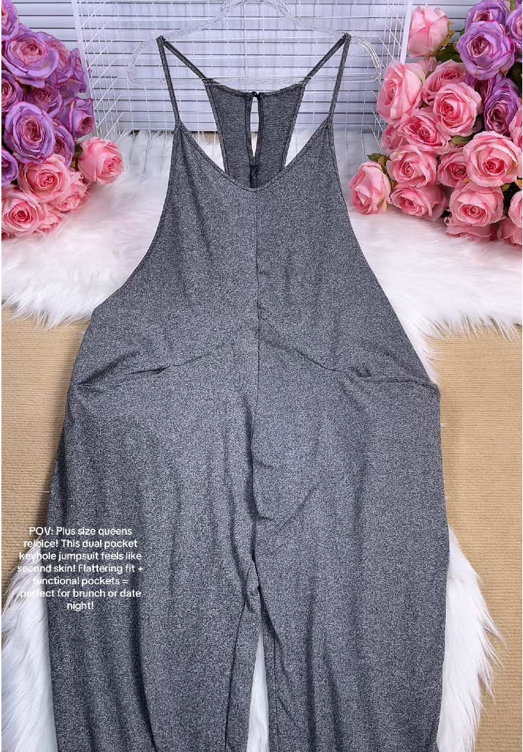 Keyhole Jumpsuit 🩶Your New Spring Obsession #CurvyFashion #plussizeootd #BodyPositivity #jumpsuit #KeyholeNeck #ComfyChic #SizeInclusive #EffortlessStyle 