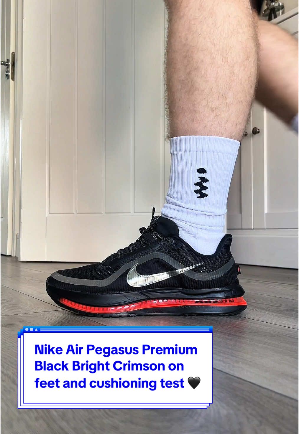 Nike Air Pegasus Premium Black Bright Crimson on feet and cushioning test 🖤 This pair dropped on 5th March 2025 and is one of Nikes most plush cushioning systems yet. It feels like you’re walking on clouds, it’s quite mad really. The midsole is composed of 3 Nike cushioning technologies: Zoom X cushioning on the top, a full length Zoom air bag in the middle and React X cushioning on the bottom.  The only issue I had was that the uber-cushioned midsole did make walking around in these feel a little unstable. Particularly around the heel on the lateral side. You can kind of see in the video when I show you the back of the shoe. So I probably wouldn’t run in these or do anything where you need to turn corners sharply. However, if you’re looking for a lightweight summer shoe that you can walk around all day in, these are the ones. They’ve got a super aerated toebox (you can see your socks through it) to keep you cool and they are overall a super comfortable sneaker.  These sold out quickly but we are set to see some more colourways soon. But let me know, you feelin this pair?? 🤔  #nike #nikePegasuspremium #nikepegasus #sneakers #comfysneakers #summershoes #pegasuspremium 