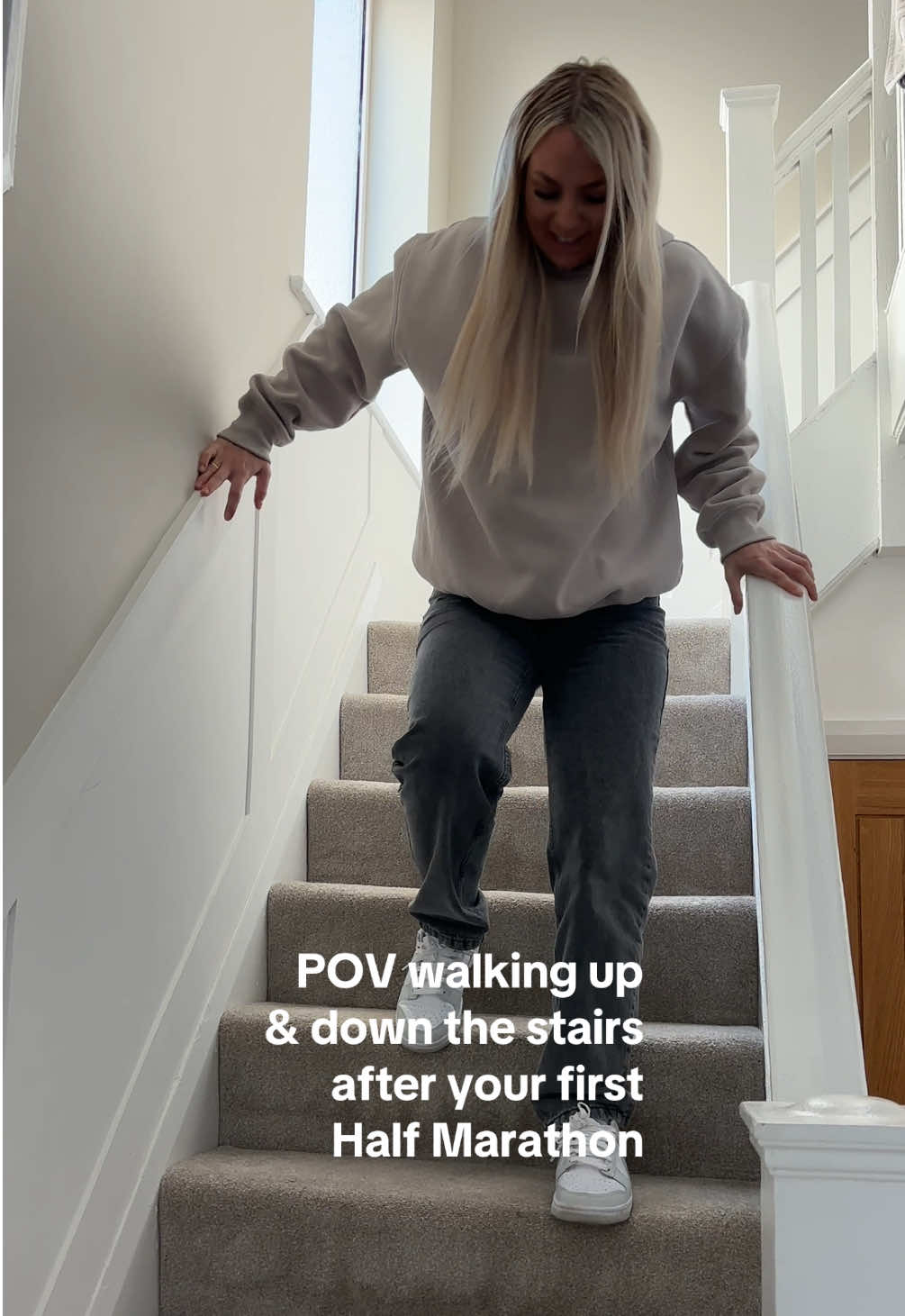 Walking up and down the stairs after your first half marathon, comment down below if you feel this pain 😂. #halfmarathon #runninghumor #funnyrunning #runtok #run #stairsafterrunning #Running 