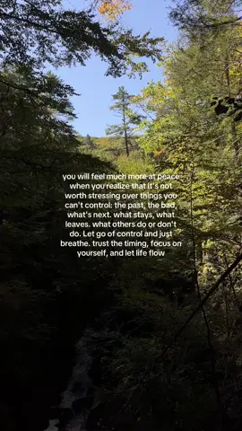 You will feel much more at peace when you realize that it's not worth stressing over things you can't control: the past, the bad, what's next. What stays, what leaves. What others do or don't do. Let go of control and just breathe. Trust the timing, focus on yourself, and let life flow #nature #travel #girltok #inspire #advice #selflove 