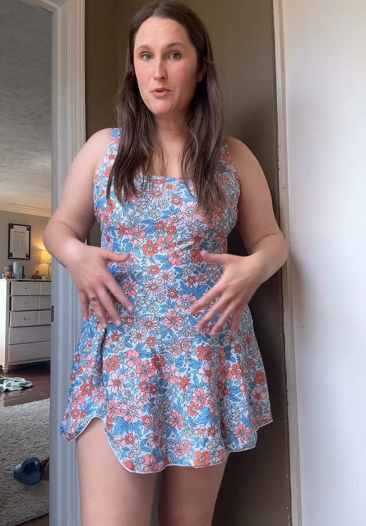 For reference, I am 5’4”, 170 lbs and usually wear an XL. I do recommend sizing down one. I ordered a Large and it fits perfectly!  #tiktokshopspringsale #springtok #springglowup #ttslevelup #mombod #momswimsuit #swimsuit #modestswimwear #midsize #midsizefashion #swimwear 