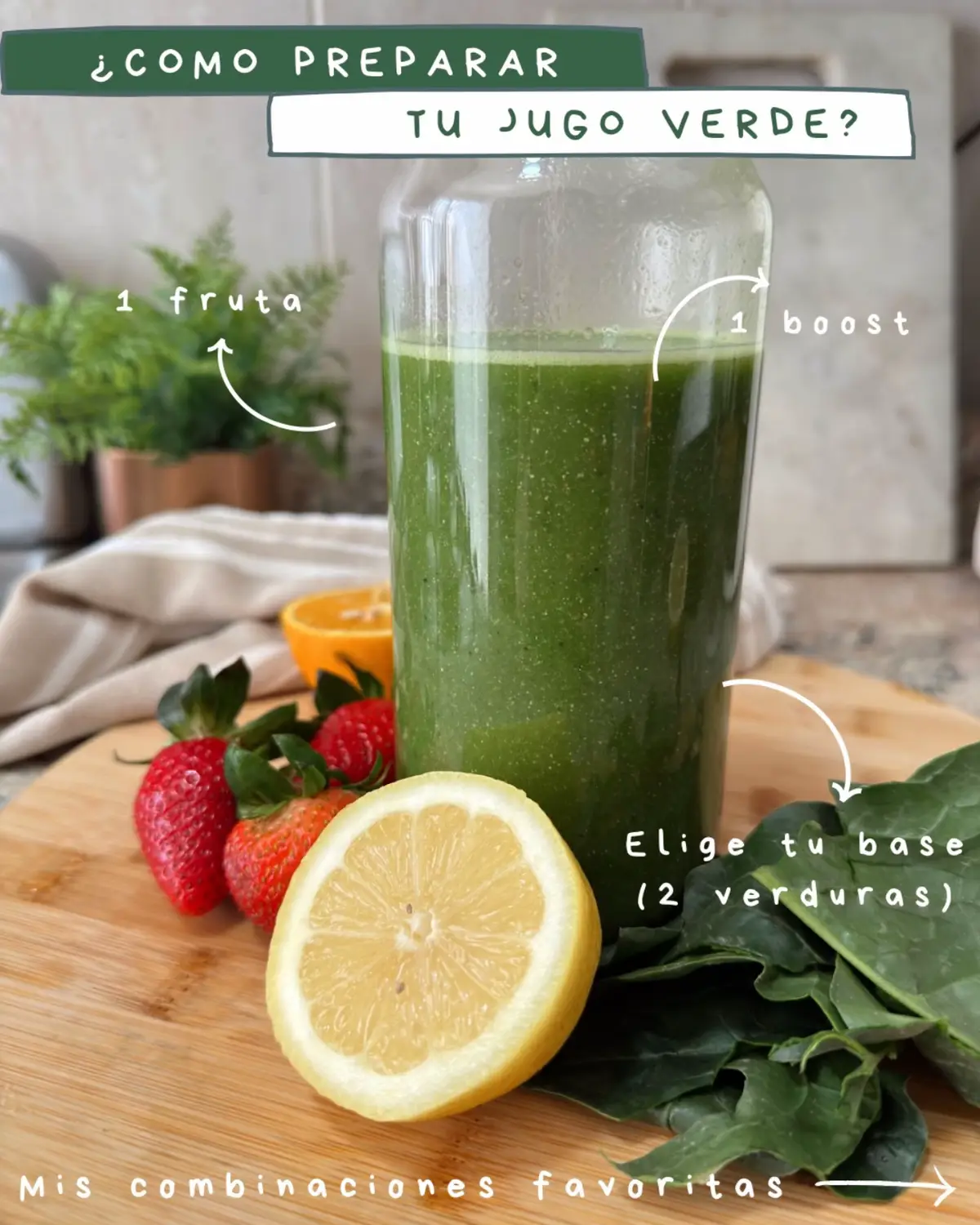 VERDURAS •Apio  •Pepino  •acelga  •Lechuga •espinaca •betabel  BOOST (algún ingrediente que funcione como suplemento) •cúrcuma  •jengibre  •colageno •Probióticos #jugoverde 