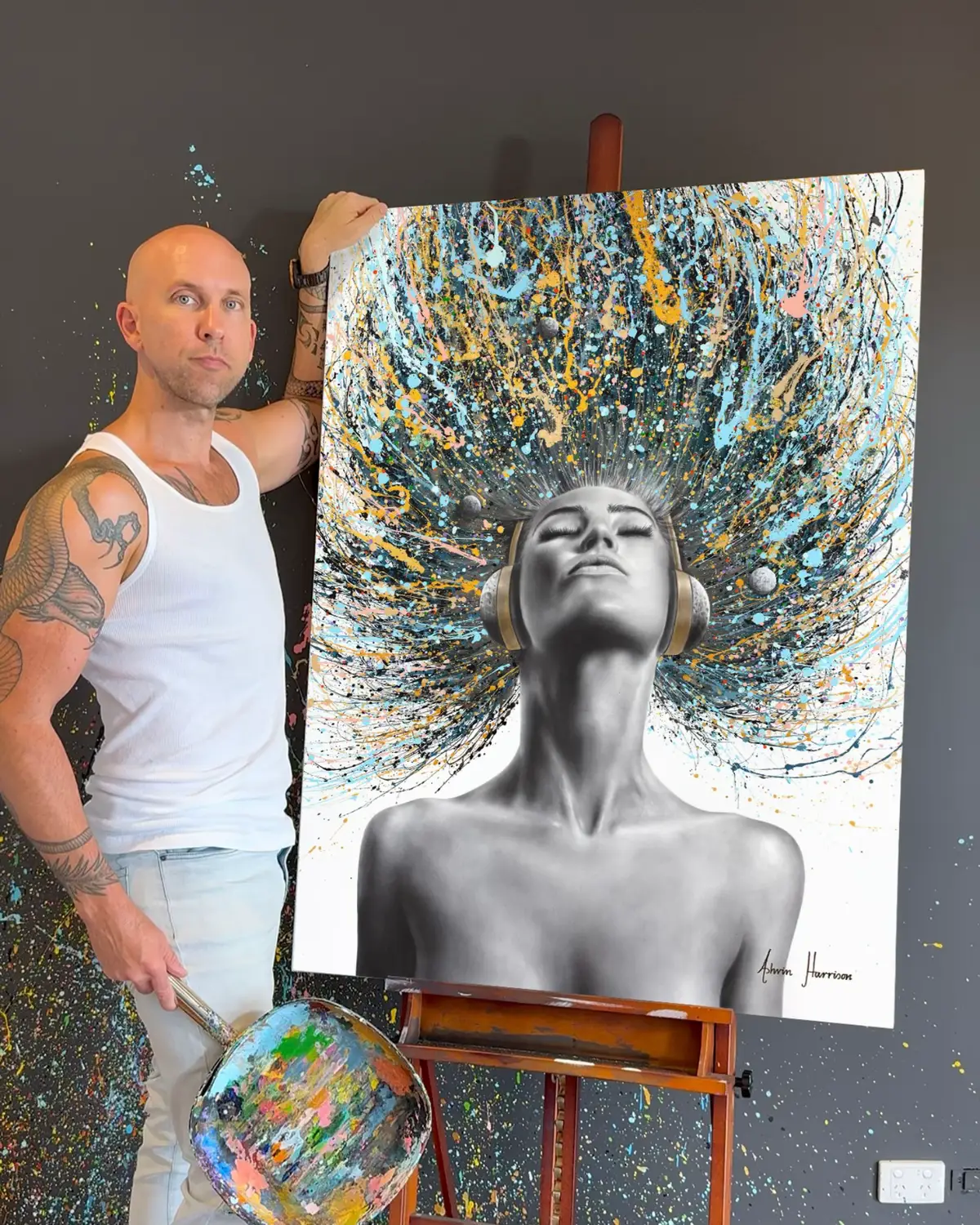 What if the moon had a voice…  would you recognize its sound? 🌝 That thought guided every brushstroke of Luna Harmonia. She’s listening with her whole soul — not just her ears — tuned into something greater, deeper, cosmic. Painted by hand with coconut charcoal, oil, shimmer mediums, and passion. This piece is about beautiful inspiring feminine power, blissful silence, and arousing movement — all at once. ✨ She’s now available to acquire- the original painting!  Tap the link in bio to see her up close and read her story. 👇 Comment a 🌌 if you’ve ever felt that quiet connection to the universe.  #artwork #painting #ashvinharrison #motusrealism #contemporaryfineart 