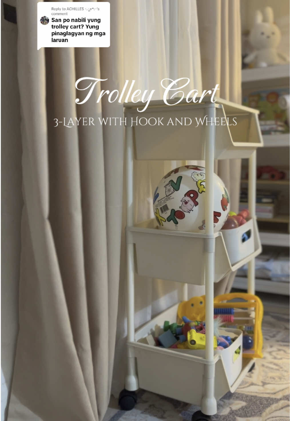Replying to @ACHILLES ⋆.ೃ࿔*:･ 200++ ko lang nabili to, Sobrang affordable ng Trolley Cart na to, madami pa siyang available layers, may with cover, with hook and wheels pa #trolleycart #trolleycartorganizer #trolley #organizer #toystorage 
