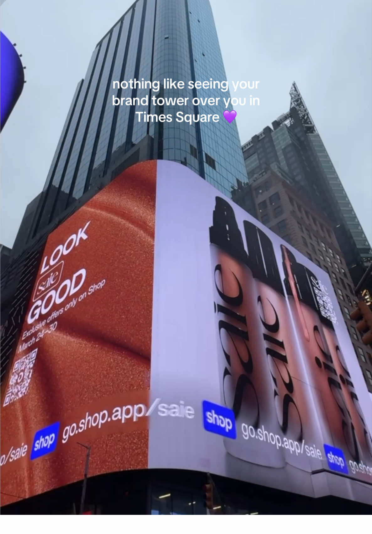 Your favorite Saie essentials, now on display in Times Square ⭐️ Find exclusive offers in the @Shop app, now through March 30th — link in bio 💜 #saiebeauty #timessquare #timesquare #timessquarenyc #timessquarebillboard #shopapp 