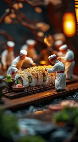 Miniature world.  Sushi.  #fyp #miniature #ai #food #workers #cute created with @Vidu AI #ミニチュア #フード #料理 
