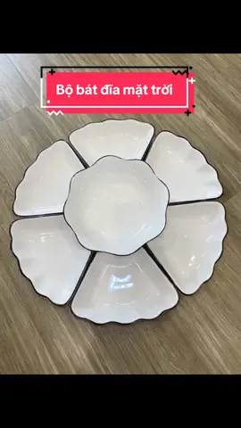 Bộ bát đĩa sứ hoa mặt trời sứ trắng viền đen phù hợp để bày cỗ, mâm giỗ các dịp lễ tết và thờ cúng ##mamcung##bobatdiahoamattroi