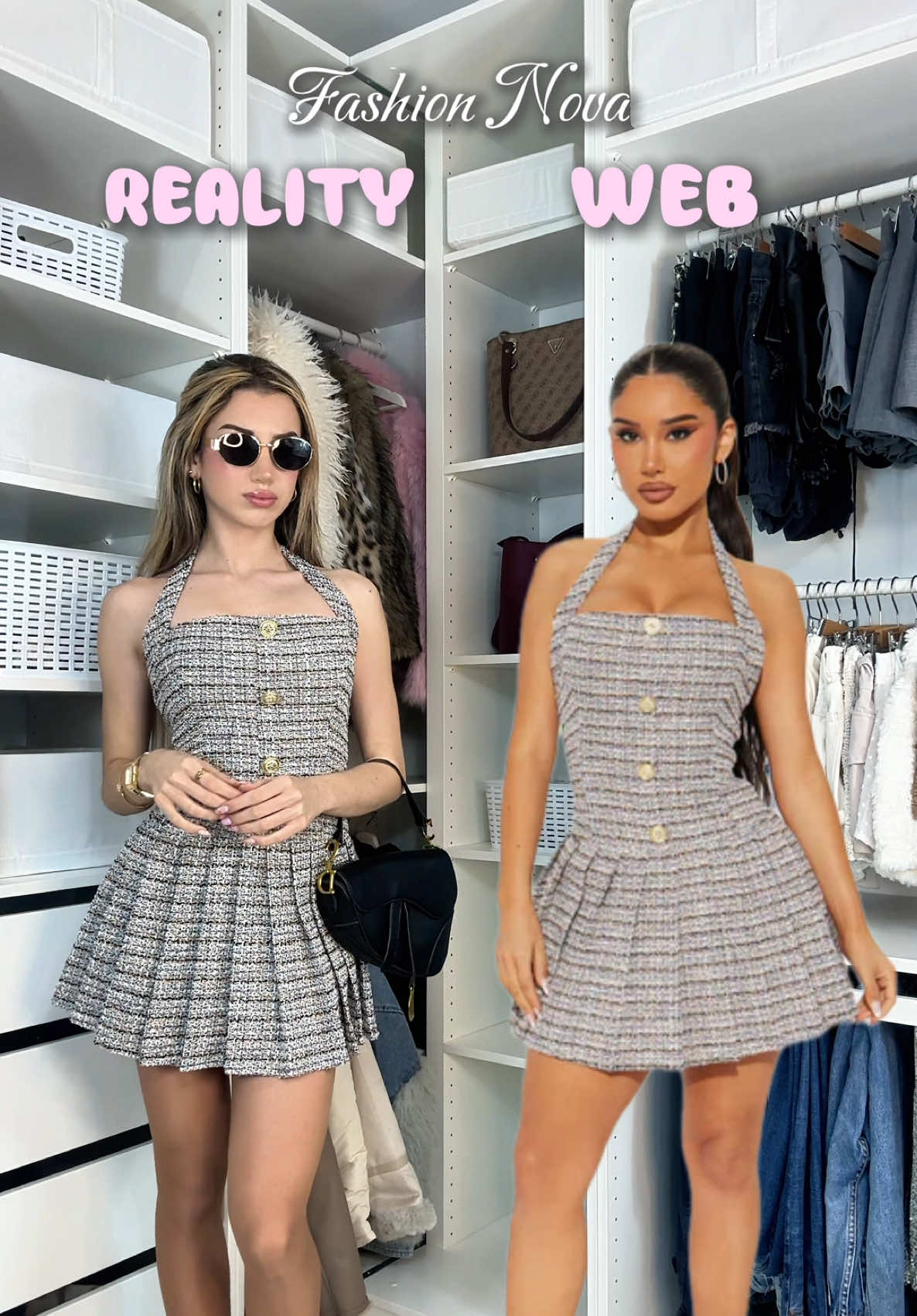 WEB VS REALITY @Fashion Nova 👩🏼‍💻💞✨ • On The Go Fleece Pant Set - Blue • Travel Cutie Skirt Set - Blue/combo • Darlene Stretch Tweed Mini Dress - Black