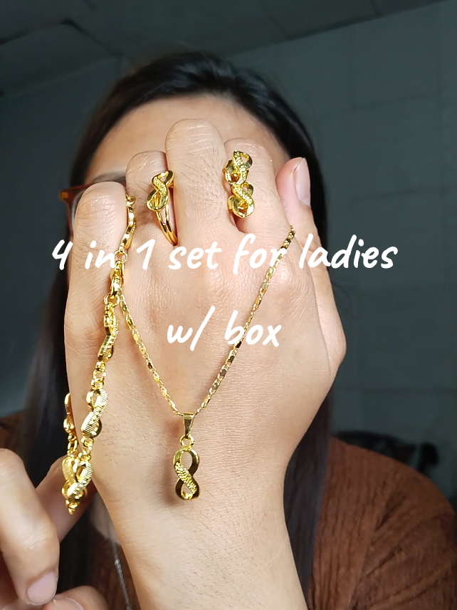 Bangkok gold plated 4 in 1 set . infinity design 4 pcs of jewelry w/ box. nontarnish and hypoallergenic. #tiktokaffiliate #affiliatemarketing #product #nontarnish #bracelet #necklace #rings #earrings #4in1 