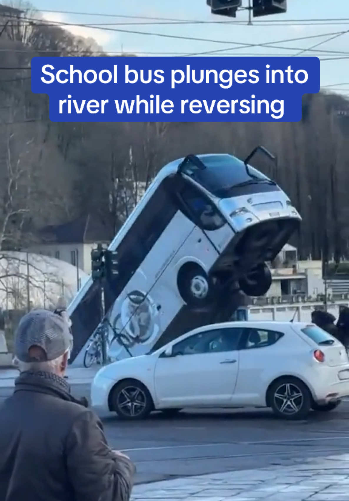 This is the horrific moment a tour bus plunged into an Italian river while reversing, killing the driver and injuring three pedestrians.  Chilling video footage captures the vehicle rolling towards a ledge near the Vittorio Emanuele bridge in Turin yesterday as helpless bystanders watched on in dread. Cars nearby desperately sounded their horns in an apparent attempt to warn the driver and prevent the tragedy - but too late. The driver, Nicola Di Carlo, 64, was reportedly 'covered in blood' but alive when he was pulled from the bus by a group of bystanders, including a rower who jumped into the river to assist. Emergency services rushed to the scene, but despite their best efforts, they were unable to save him. According to local newspaper 'La Stampa', the coach had no passengers on board. #bus #schoolbus #italy #turin #reverse #tragic #dailymail #australia #busdriver #fyp 