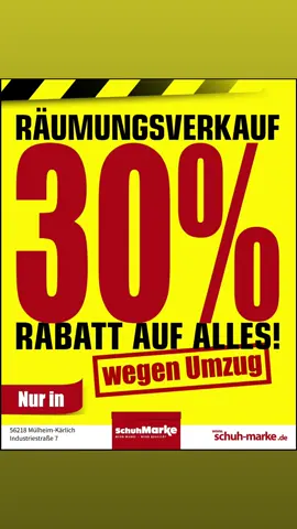 📢 Großer Räumungsverkauf wegen Umzug in Mülheim-Kärlich! 📢 Wir ziehen um und räumen unser Lager! Deshalb bekommst du jetzt 🔥 30% Rabatt auf das gesamte Sortiment! 🔥 🎉👟 🛍️ Sichere dir deine Lieblingsschuhe zu unschlagbaren Preisen! ⏳🏃‍♂️ 📍 Nur in unserer Filiale Mülheim-Kärlich – Industriestraße 7 🕙 Öffnungszeiten: Montag bis Samstag 10:00 - 19:00 Uhr ⚠️ Jetzt zugreifen und sparen! ⚠️ #räumungsverkauf #umzug #rabattaktion #schuhmarke #schuhe #mülheimkärlich #sale 
