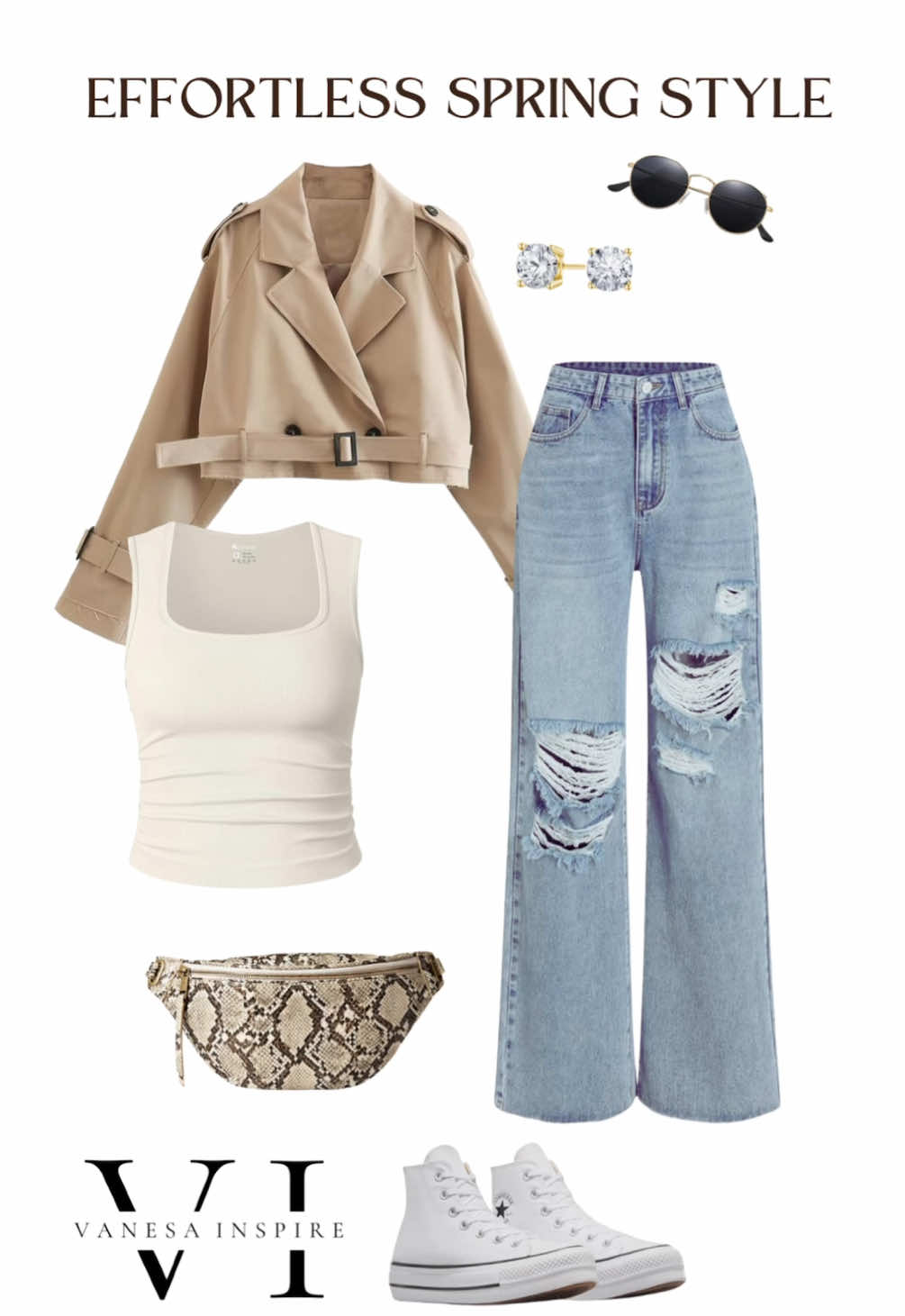 Effortless spring outfit with beige cropped trench, ripped wide-leg jeans, white tank top & sneakers. Styled with snake-print belt bag & luxe studs. Trendy streetwear meets casual chic.  Ready for your new favorite outfit? Comment “SHOP” and I’ll DM you the link! (Also always linked in bio – just click my Amazon Storefront for outfits & inspo!)  #casualchicstyle #trendyfashion #springtransitionaloutfits #howtowear #howtostyle #springoutfit #amazonfashionfinds #springsummerlooks  This post contains affiliate links. Thanks for being here and supporting my work!    spring outfit, effortless style, cropped trench, wide-leg jeans, white tank top, high-top sneakers, snake print bag, streetwear look, casual chic, spring fashion @Amazon Influencer Program @Amazon Fashion @Amazonfashioneu @Amazon 