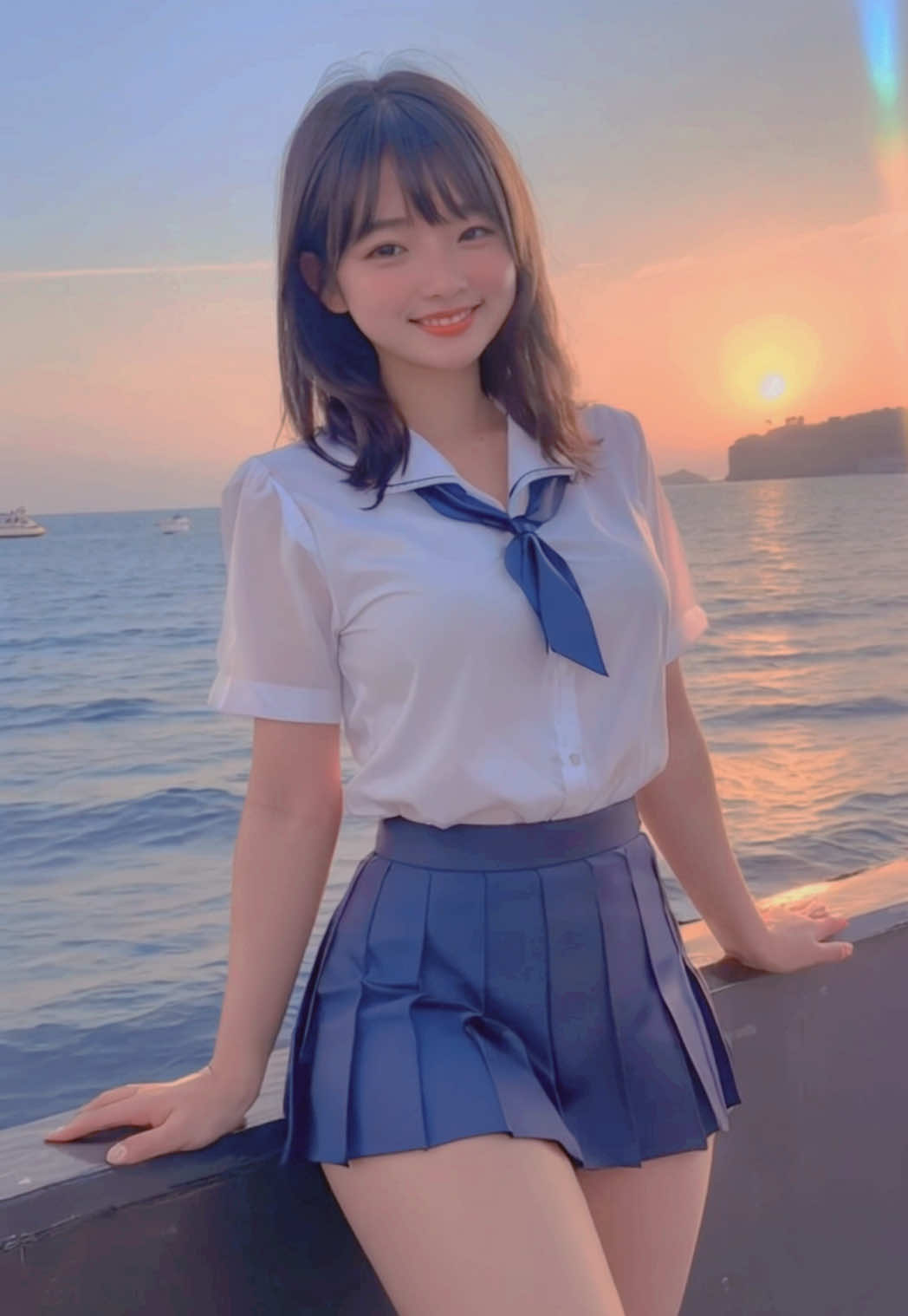 Japanese JK at dusk✨ #sunset #beach #jk #セーラー服 #beauty #美女 #aiグラビア #aiartwork #klingai #midjourney  #SeaArtAI #polloAI #aigravure 