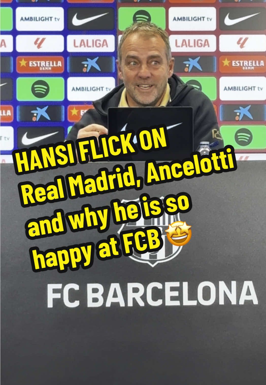 Habsi Flick’s press conference today ahead of the match against Girona, talking about Real Madrid, Ancelotti and why he is so happy at @fcbarcelona 💙❤️ #hansiflick #flickball #fcbarcelona #tiktokfootballacademy #laliga #realmadrid #ancelotti #lamasia 
