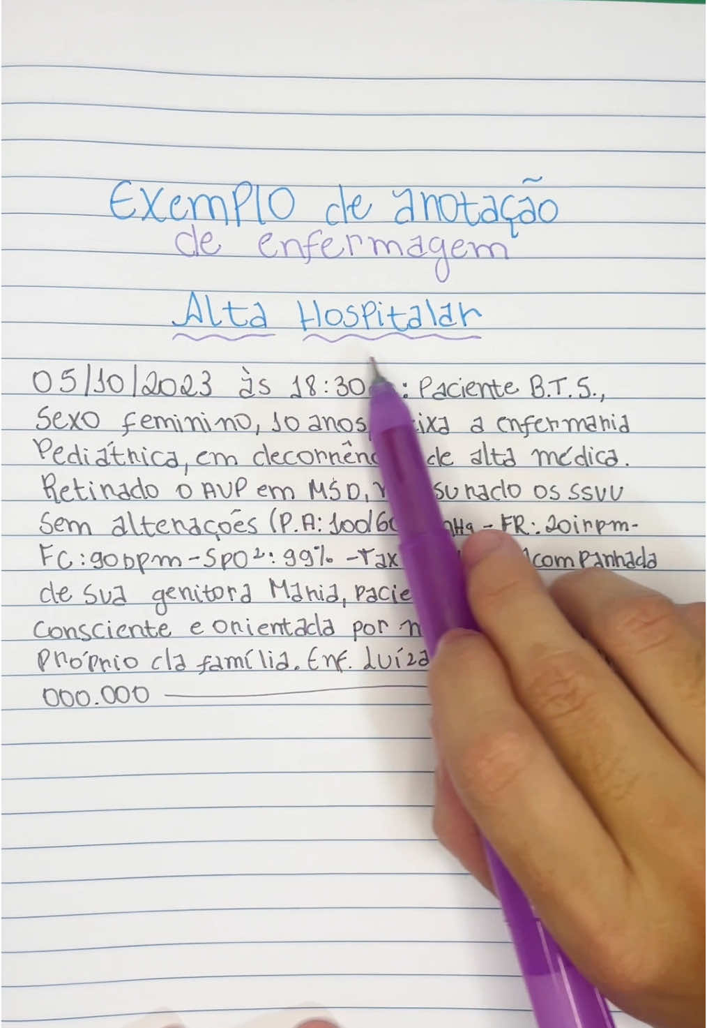 Exemplo de anotação de enfermagem para alta hospitalar 📝 #enfermagem #estudos #saude 