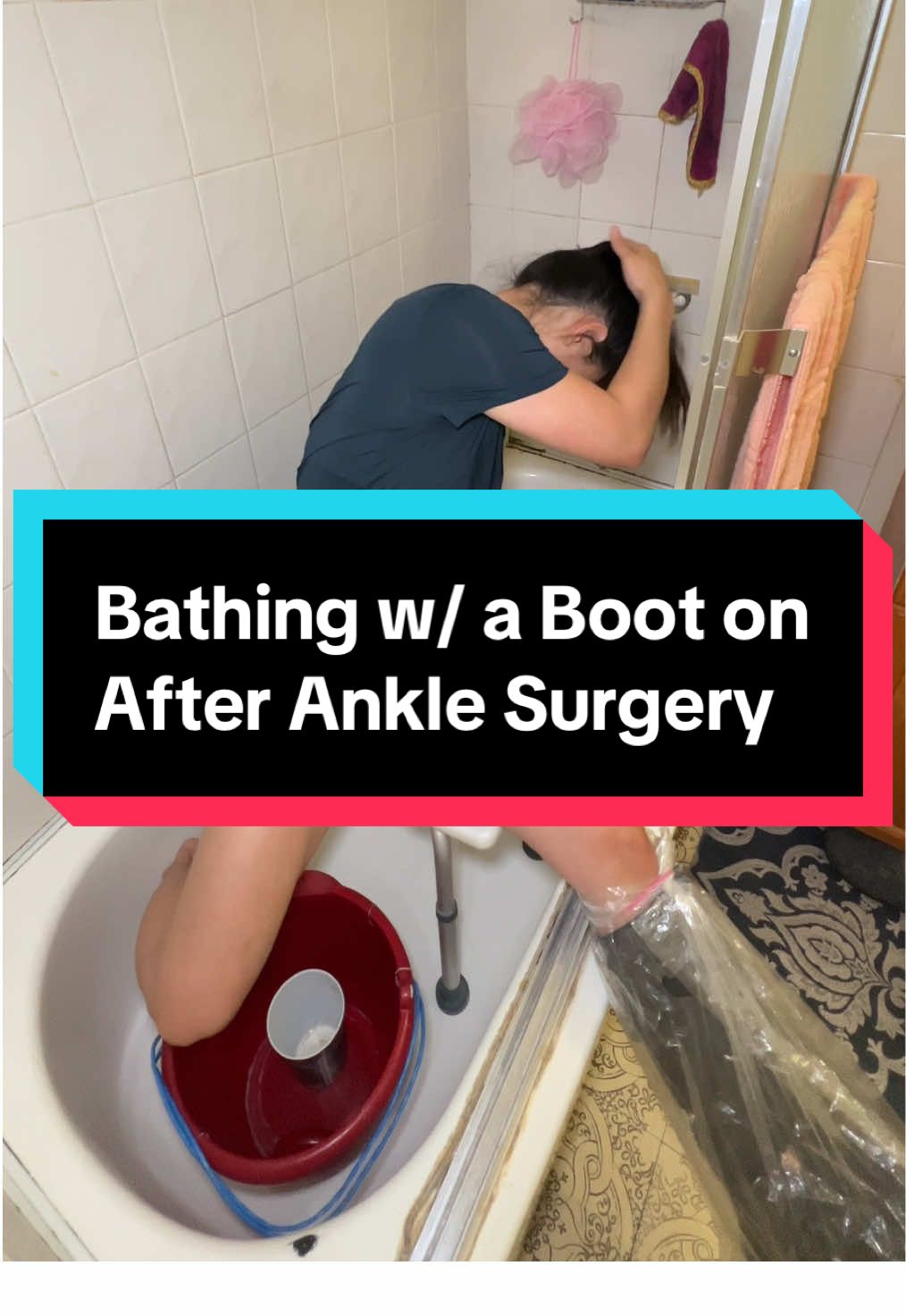 Bathing / showering after ankle surgery freakin SUCKED! 😩 I had to face opposite of my shower head and stick my lower left leg out of the bathtub to keep it dry. 😭 Since I was still non-weight bearing at the time, I had to sit while bathing, therefore a SHOWER CHAIR WITHOUT ARMRESTS or a tub bench is absolutely necessary to bathe safely. (No armrests so you can transfer in/out without any barriers) How is/was your shower / bathing setup / process like?🚿🛀🏽🧼 #anklesurgeryrecovery #bathing #shower #occupationaltherapy #assistivedevice #adl #fyp #foryoupage #explore #explorepage #viralvideo 