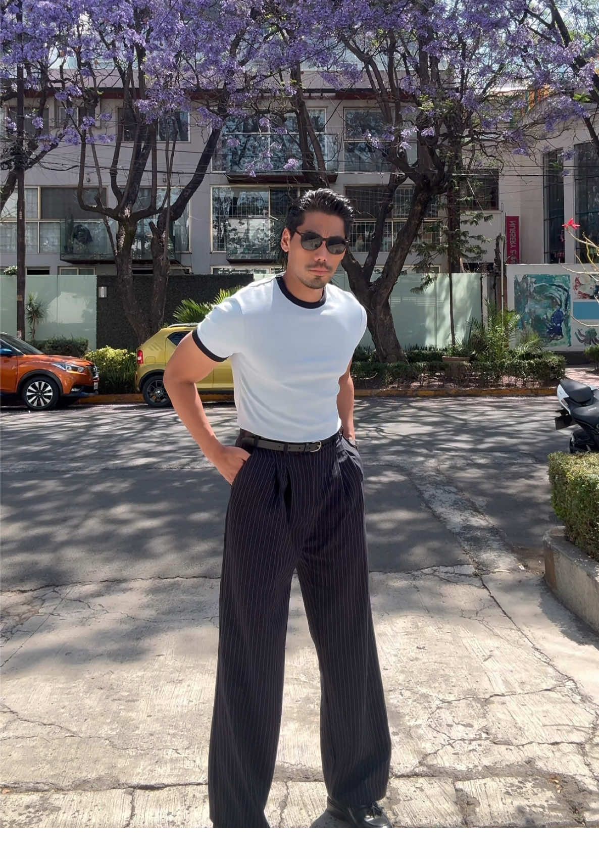Spring/Summer look.  Pleated + bootleg pants with basic ribbed contrast t-shirt.  Would you wear this look? #menswear #pleatedpants #pleats #mensfashion #fashion #fashiontiktok #basictshirt #ribbedshirt #zara #zaramen #victoralamos 