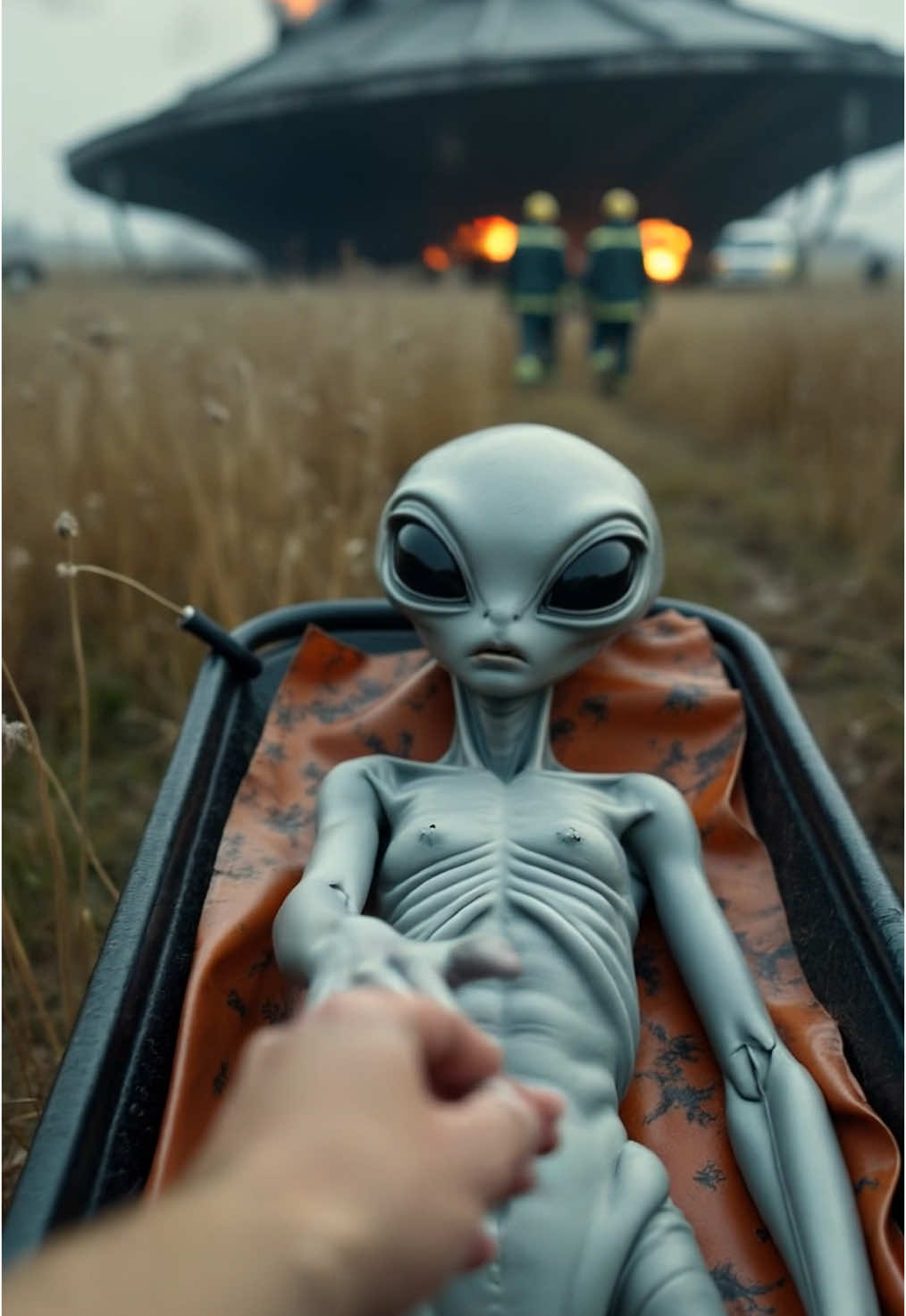 I thought the alien was dead. Then it blinked. Breathing. A living being on a stretcher. I reached out… and it grabbed my hand. Behind us, the UFO was still burning. This moment will haunt me forever.#UFO #UFOS #UAP #uaps #Aliens #alien #OVNI 