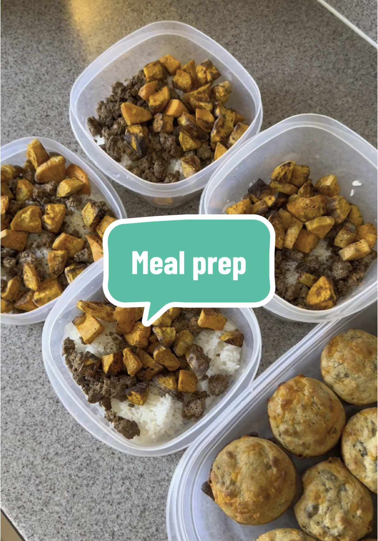 He’s a simple man and very busy so no fancy preps here - but just enough to get him through his busy day!  For meal prep:  - I just cooked rice in my instant pot. It’s 1:1 ratio for jasmine rice and water. Cook on manual pressure high for four minutes comes out perfect every time!  - I peeled and cut up some sweet potatoes and added oil, salt and pepper. Add to your air fryer or oven at 450 for about 20 minutes or until they’re soft.  - For the beef, I cooked normally and added his preferred seasonings. Nothing crazy!  For the breakfast muffins:  - 2 cups Kodiak pancake mix -1 lb turkey sausage, browned & patted dry - 2 eggs - 1 3/4 cups milk  -1/4 cup of maple syrup - 1 cup shredded cheese Add all ingredients to a mixing bowl and mixed together. Spray a muffin tin with nonstick spray and add mixture into each cup. Bake at 400°F for about 15 to 20 minutes!    Devoting one hour on Sunday can prevent many hours of trying to find something to eat!  #mealprep #mealprepsunday #highprotein #EasyRecipe #dinnerrecipes #quickrecipe #snackideas 