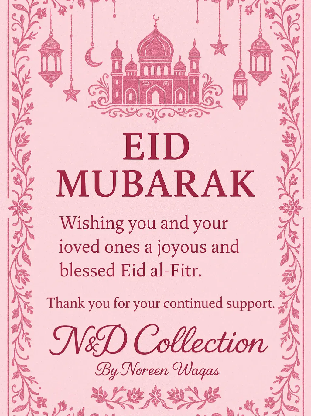 Eid Mubarak! May this Eid bring joy, prosperity, and countless blessings to you and your loved ones. Thank you for your trust and support. We look forward to serving you in the future. Wishing you happiness and success always! #girlsdress #girlsfashion #customizedress #customizedstickers #eidgift #fyyyypppppppppppppp #eidcollection2025 #kidsgarments #ndcollection #eidmubarak #eidulfitar #eidmubarak2025 