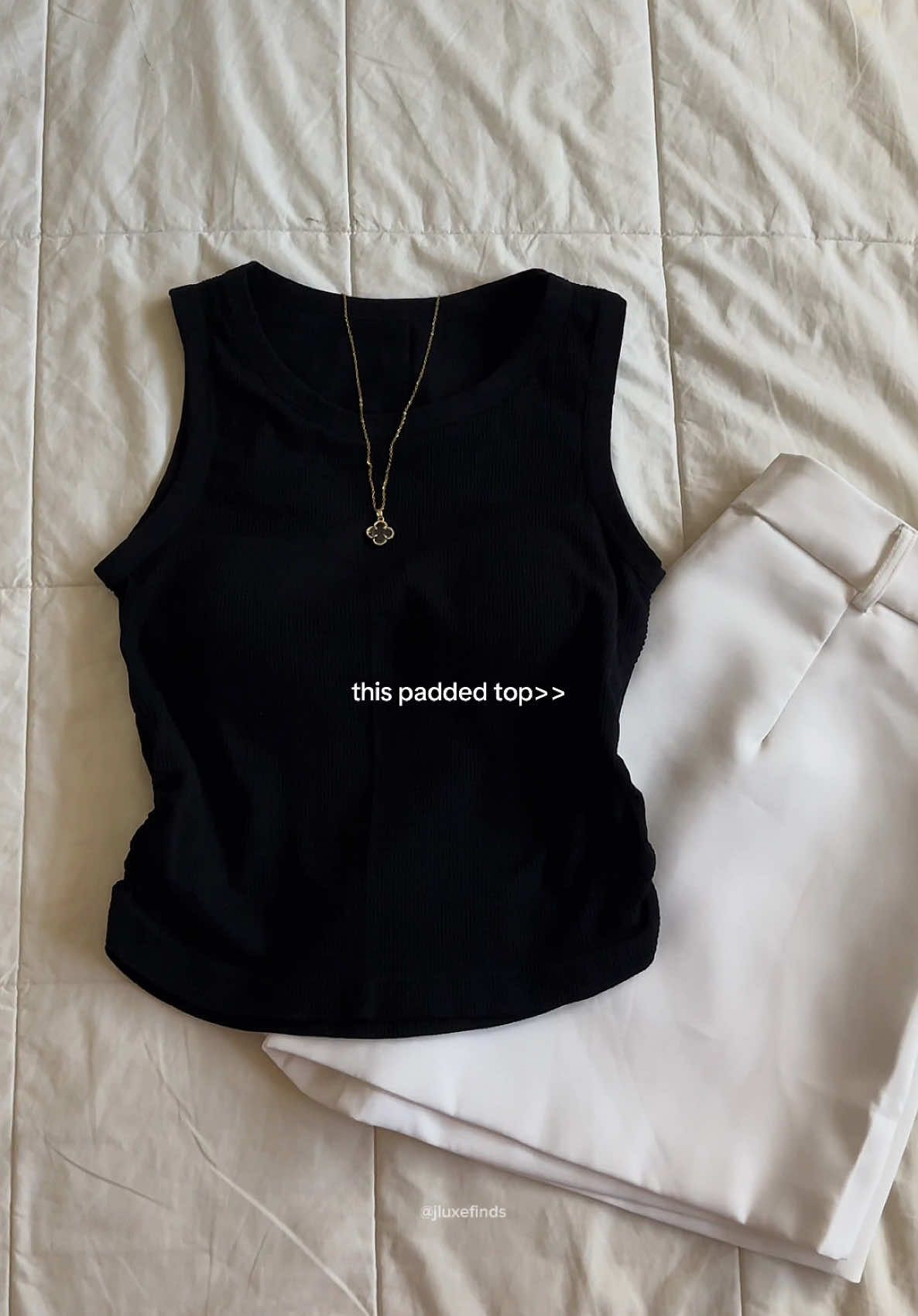 black padded top and white shorts combo✨ #paddedtop #paddedsando #sandotop #paddedtops #sleevelesstop #fashiontiktok #top #fyp #viral #trending 