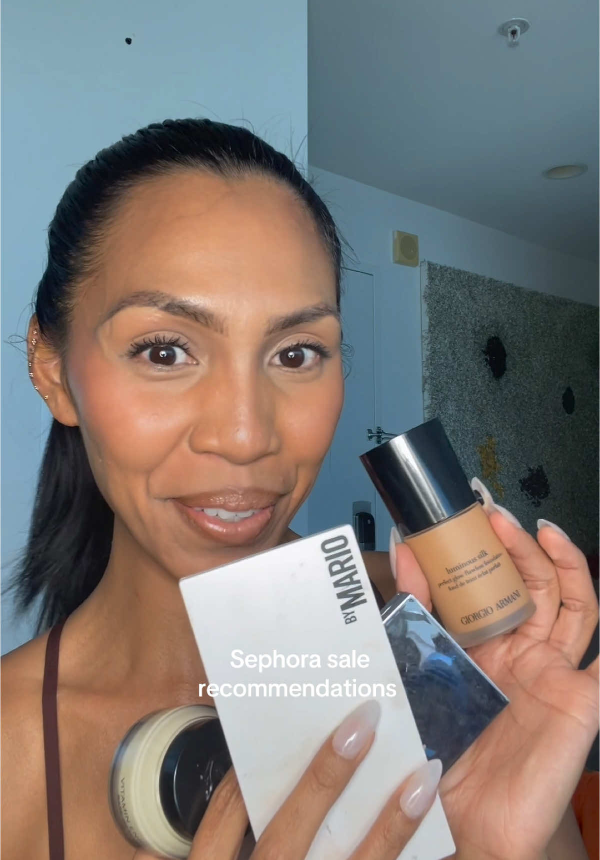The viral makeup products that live up to the hype 🔥 @Armani beauty luminous silk foundation  @Bobbi Brown moisturizer & primer @makeupbymario master mattes palette  @Patrick Ta Beauty blush duo “Oh She’s Different”  #sephorasale #sephora #makeupmusthaves 
