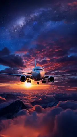 A Plane flying through a beautiful sunset preparing to land. It was a process creating this, and used different ai programs to create a breathtaking image #plane #sunset #aviation #flightsimulator #beautiful #breathtaking #skies #clouds #mountains 