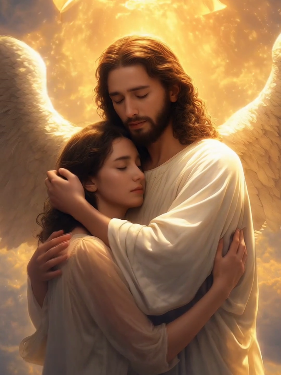 O poder do abraço de Jesus! Em meio à tempestade, uma jovem ajoelhada sente o peso do mundo sobre ela. Mas então, Jesus aparece, toca seu ombro e tudo muda. A escuridão se dissipa, a luz divina brilha, e a jovem encontra paz nos braços de Cristo. O amor de Jesus transforma vidas! ✨🙏 #fé #jesuscristo #milagre #deuséfiel #amor 