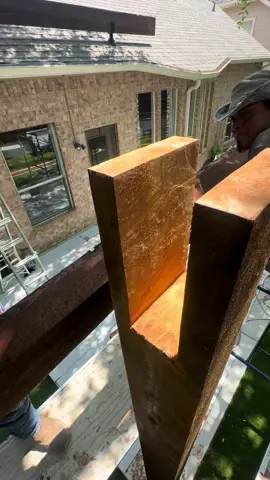 4x12x18 foot long western red cedar header going up into the 8x8 notched post for this pergola in Dallas! #pergola #skypoly #patiocover #pergolaroof 