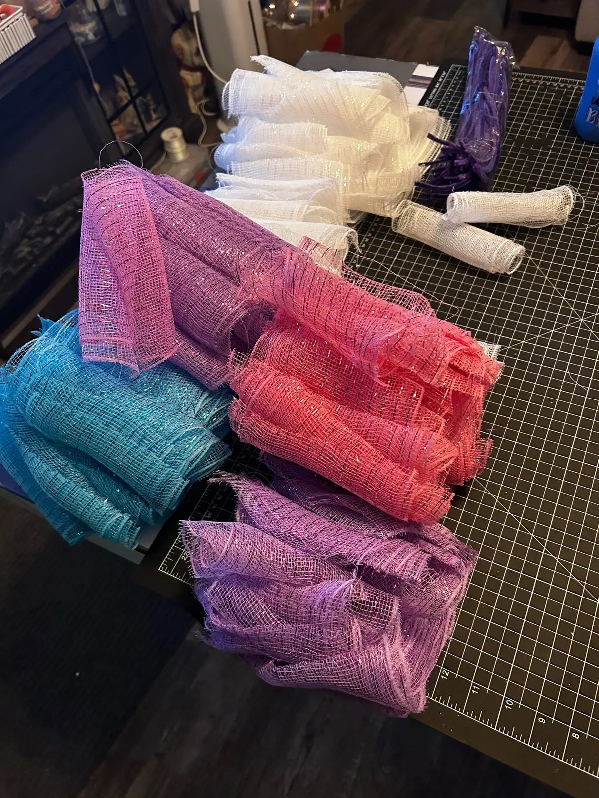 Oh deco mesh it’s a love hate relationship! 3 hours of cutting & rolling & twisting,ugh and I’m still not there yet!! Tomorrow’s another day for this order of 2 matching wreaths!! My poor fingers…