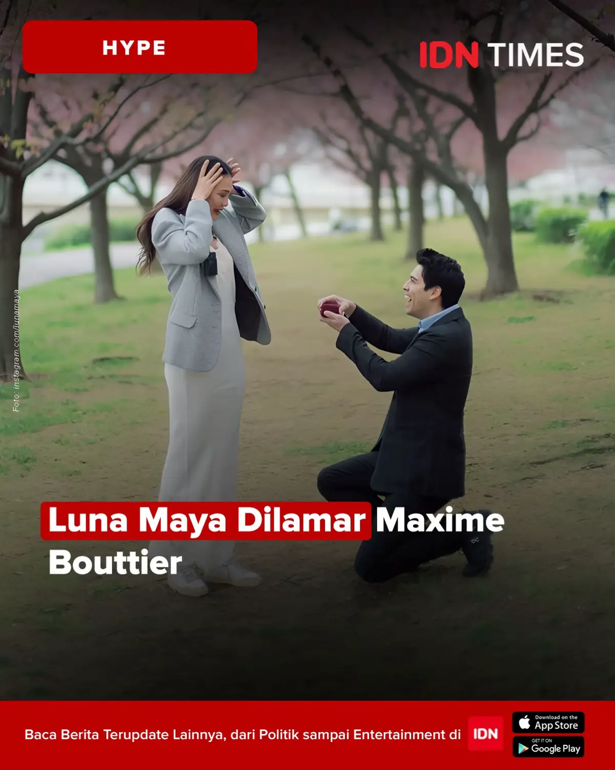 Di tengah sukacita perayaan Hari Lebaran 2025,  Luna Maya membagikan kabar bahagia. Melalui Instagram, pemain film Sumala tersebut memperlihatkan momen romantis yang menyiratkan bahwa dirinya telah dilamar oleh sang kekasih, Maxime Bouttier, di Jepang. Maxime tampak berlutut di hadapan Luna Maya sambil menyodorkan sebuah cincin berlian bak potongan adegan di film-film romantis. Postingan Luna Maya ini langsung dibanjiri ucapan selamat dari netizen. Bahkan sederet rekan artis, mulai dari Raline Shah, Gading Marten, Thariq Halilintar, hingga Adinia Wirasti juga ikut memberikan ucapan selamat serta doa terbaik melalui kolom komentar. Selamat kak 💍✨  #IDNTimesHype #LunaMayaDilamar #MaximeBouttier #idntimes_bns 