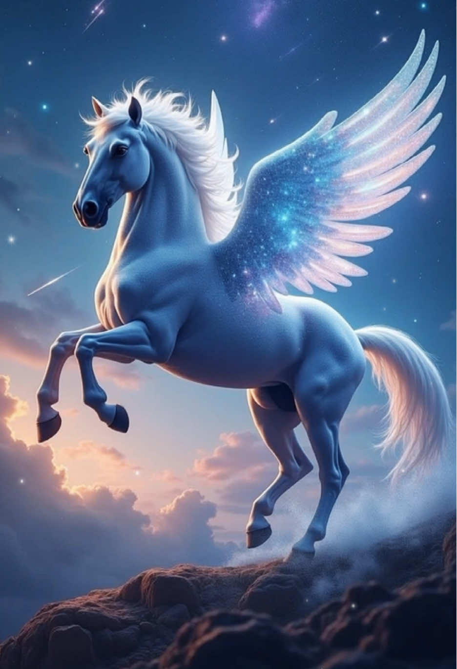 The Starborn Pegasus of the Celestial Plains 🌠✨ A Ride Among the Stars! 📖 A pegasus born from the constellations gallops through the skies, painting trails of stardust. Would you take flight with this celestial guardian? 🌌🐎✨