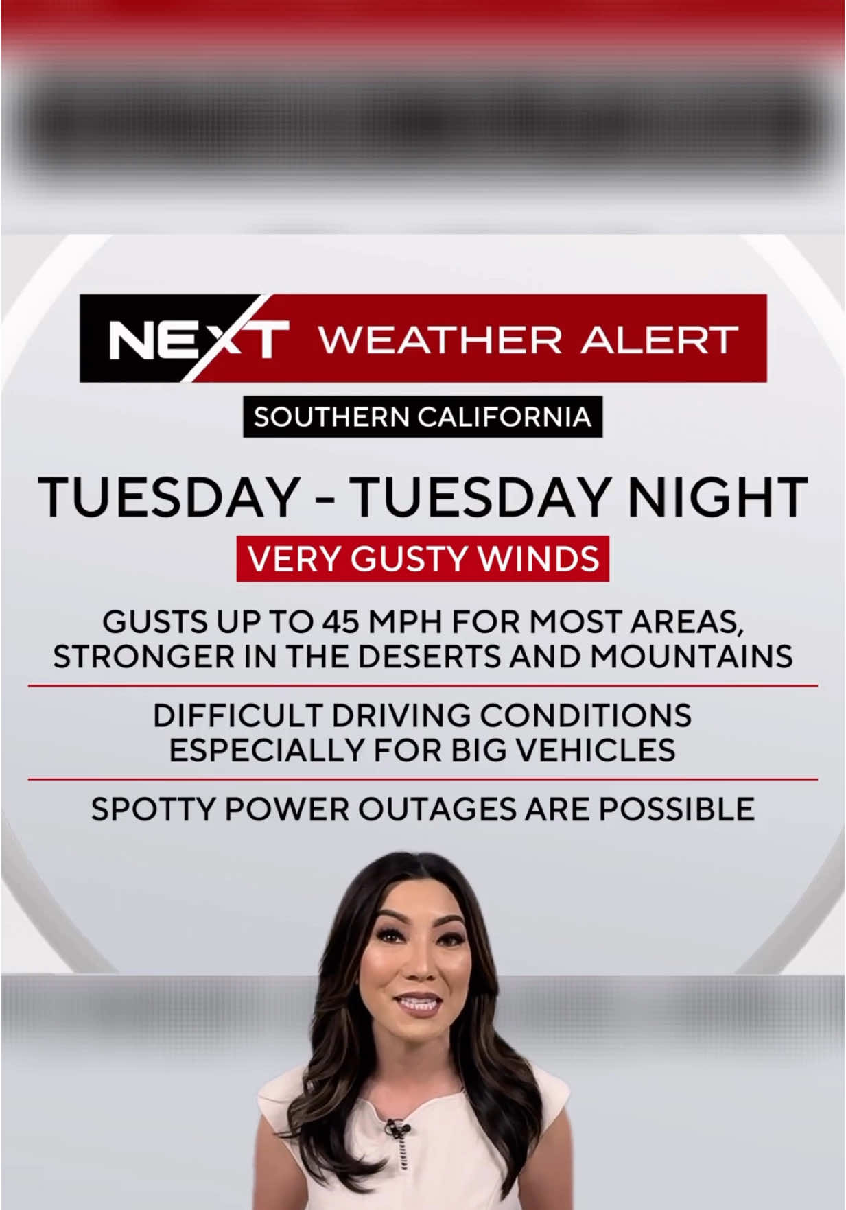 KCAL News has issued a next weather alert for Tuesday as widespread winds will be the main story as strong and cold low pressure systems drop toward Nevada and Eastern California. These unusually strong winds will keep temperatures below average today, with the strongest winds this afternoon through early evening. Coast and valleys will see gusts from 30-40 mph while the Inland Empire will see gusts around 25-35 mph. Mountains and deserts can expect the strongest winds through tonight with gusts up to 45-55 mph. There is also a chance today for some light showers in the mountains with rain amounts 0.10