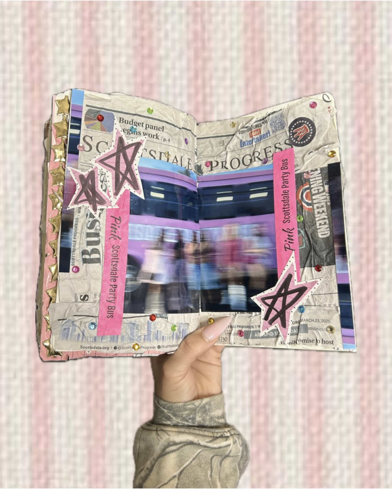 Junk journal with me🤩💖 another spread about my besties bachelorette, I’m OBSESSED w this one!! Think it’s my fav of all the spreads in this journal 🥰 So glad I held onto this newspaper I found when we were out 😂 #junkjournalwithme #junkjournal #scrapbookjournal #creativejournal #scrapbook #journal #journalcommunity #journalgirlie 