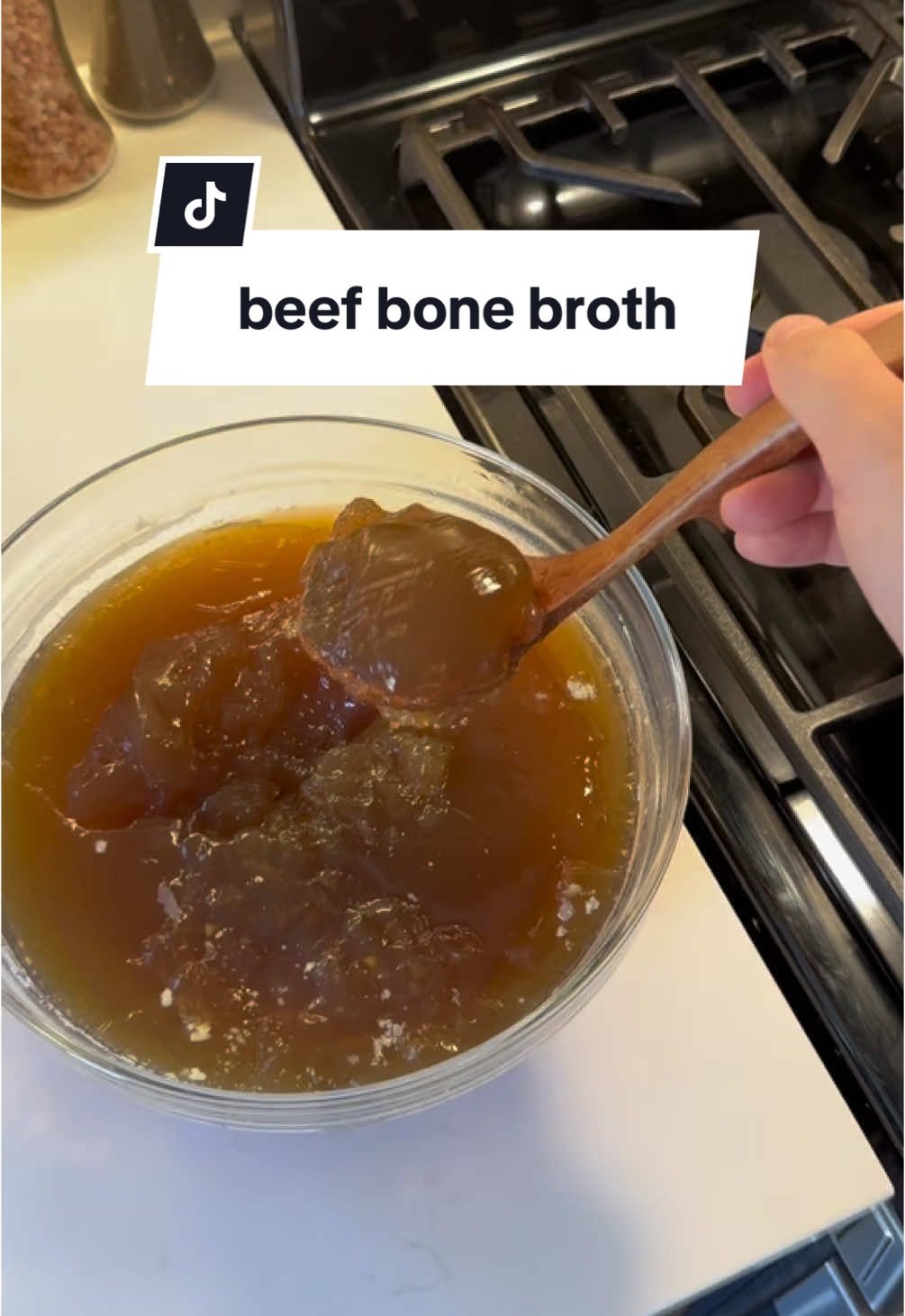 homemade beef bone broth . the only ingredients you really need are bones and water, but here’s what I use to add more flavor! + 4 lbs beef bones + onion + garlic + green onions + celery + carrots + ginger  + bay leaves + jujubes + black peppercorns  + splash of apple cider vinegar  + water  . cook this in the crock pot on low for 24 hours then strain it and refrigerate overnight. this allows the fat to solidify so it’s easier to remove. enjoy! .  #bonebroth #beefbroth