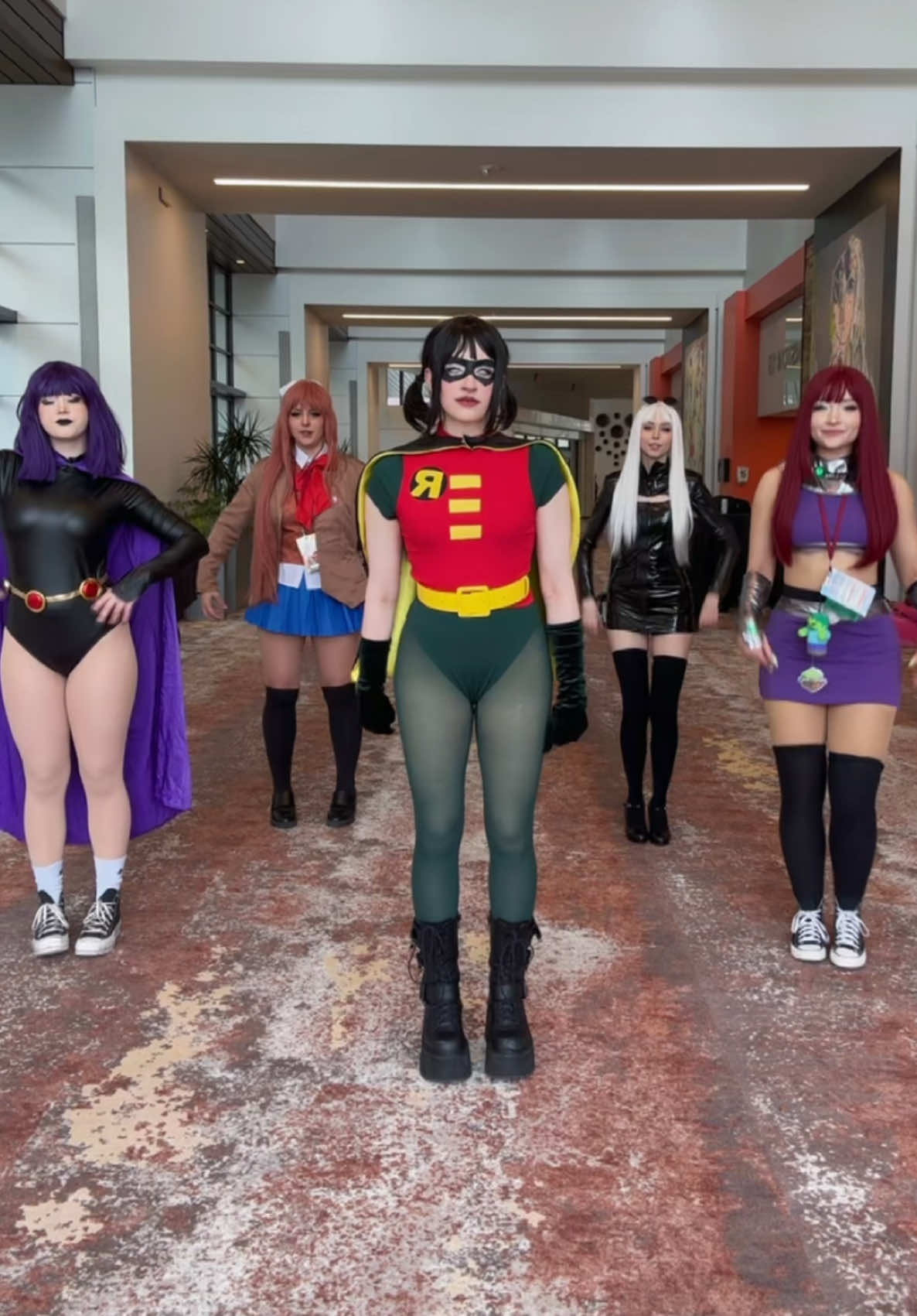 This wouldn’t be a convention without a fortnite reference B); Raven: @cat Monika: @noctis☽ Gojo: @Lexi🪿 Starfire: @kora.aura #teentitans #fortnite #cosplayers #boogiedown 