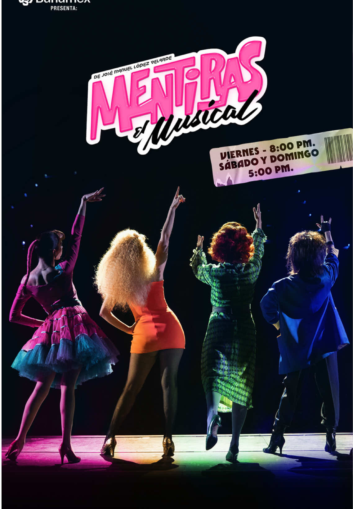 #MentirasElMusical. 🩷 La obra que ha conquistado a México por 16 años. Un viaje los años 80 visualmente espectacular junto personajes que te harán querer regresar una y otra vez. 💚 Te esperamos en el Teatro Aldama de viernes a domingo. 💙🧡 Adquiere tus boletos en taquillas y en @Ticketmaster México 