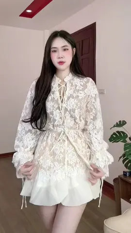 Sét Váy Áo Ren Dài Tay Rút Eo 