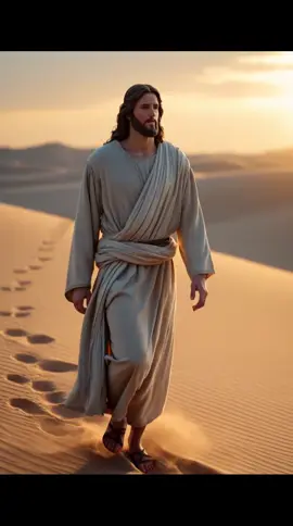 Jésus marche seul dans le désert, porté par le vent et la lumière du soleil couchant. Un moment de paix et de réflexion... ✨🙏 #jesus  #spirituality  #foi  #inspiration  #desert 