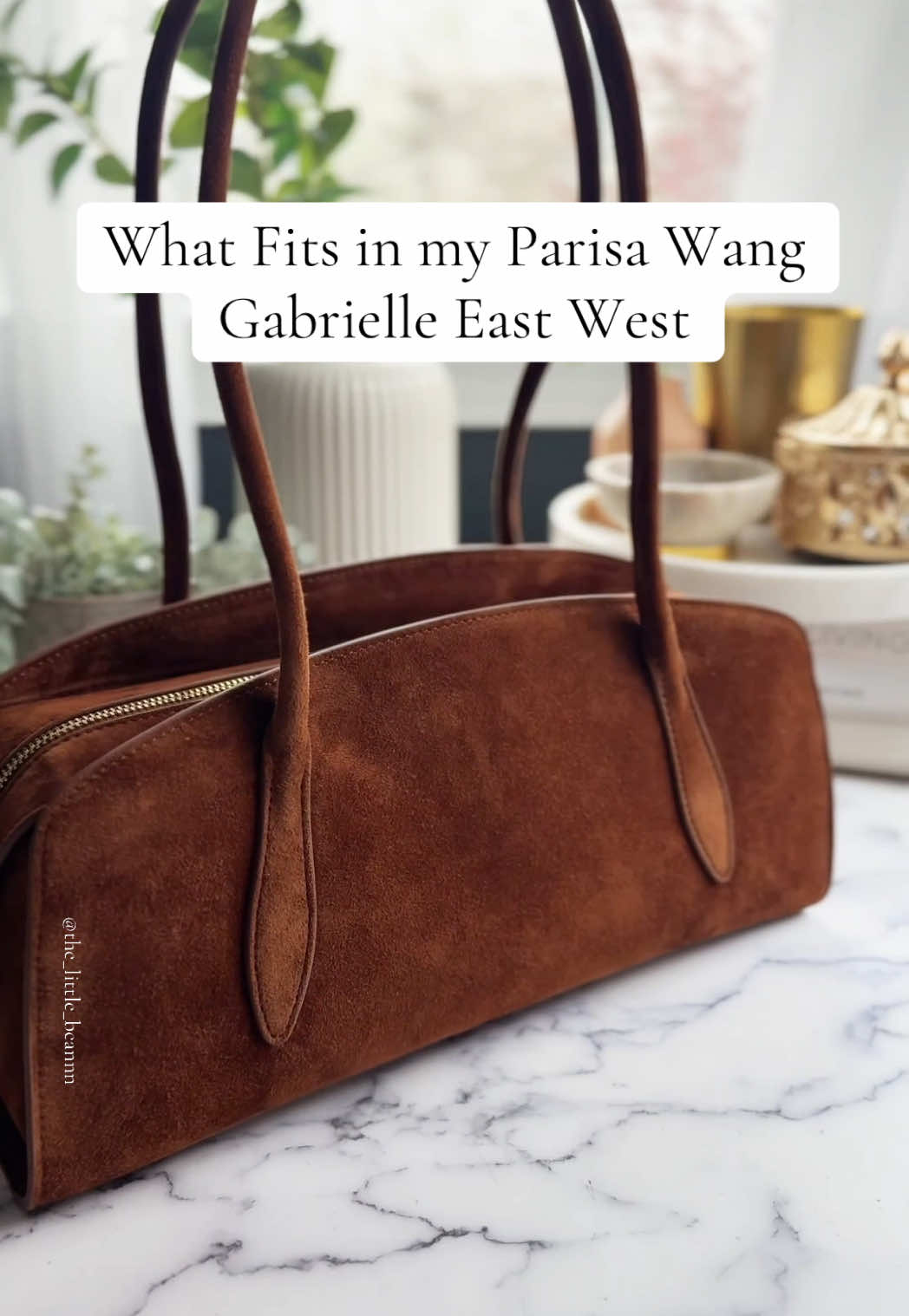The most gorgeous bag😍 This new Gabrielle East Wesr from @Parisa Wang is absolutely STUNNING! The goatsuwde is so soft and I adore the color. This bag fits a ton as well—that’s why I love SLGs to stay organized!  This video contains gifted items WIMB, what’s in my bag, BOTD, bag of the day  #wimb #whatsinmybag #parisawang #bagoftheday #botd #asmrtiktoks #bagtok #suedebag 