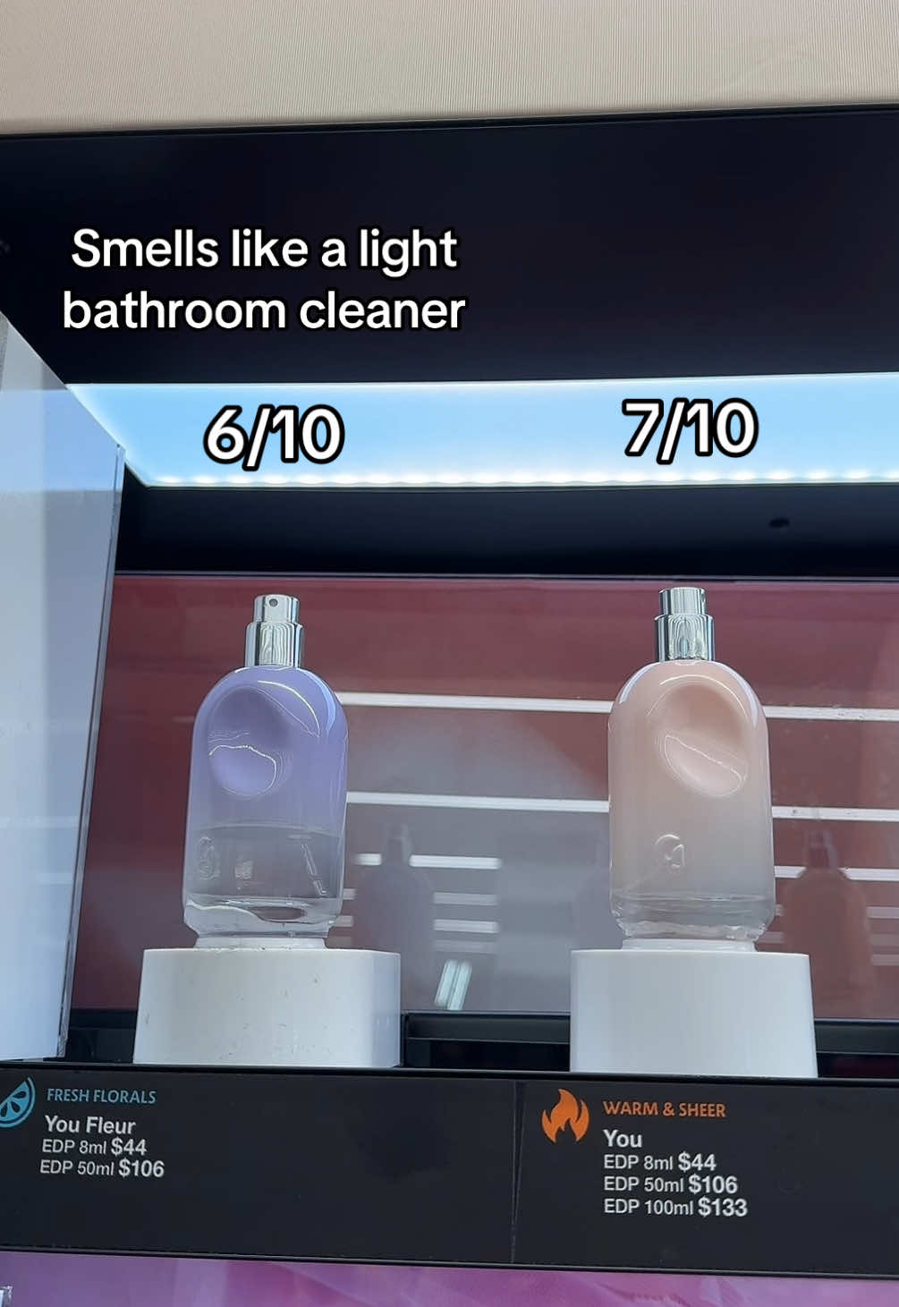 My quick review of Glossier’s You line!  💜You Reve - Did not smell gourmand at all! Yuck 🤍You Duex - Toned down woody in the best way, the intimate factor makes it so much better 🌸You- I see the hype, it’s not amazing, the Iris note is there, its warm, daily wear for someone else!  🪻You Fleur - It’s a diluted toilet cleaner scent  #️⃣ #fragrance #perfume #fyp #glossier #perfumetiktok #fragrancetiktok #glossierreview 