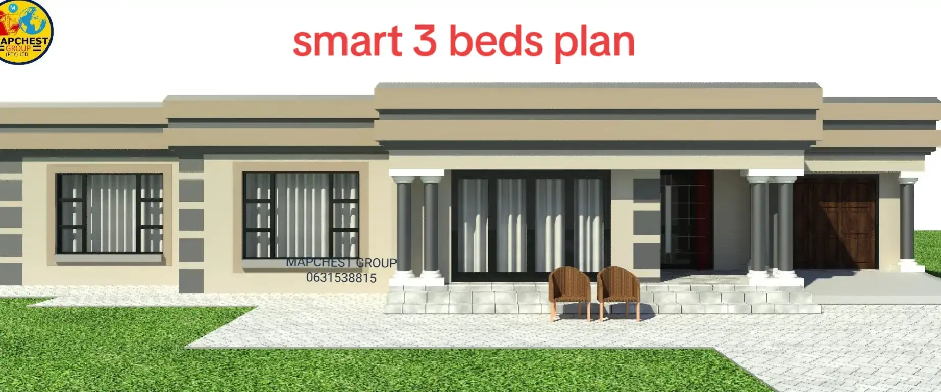 THREE BEDROOMS HOUSE PLAN DESIGN  MASTER BEDROOM WITH ENSUITE  2 STANDARD BEDROOMS  BATHROOM  OPEN PLAN LOUNGE, DINING AND KITCHEN  GARAGE  R2690